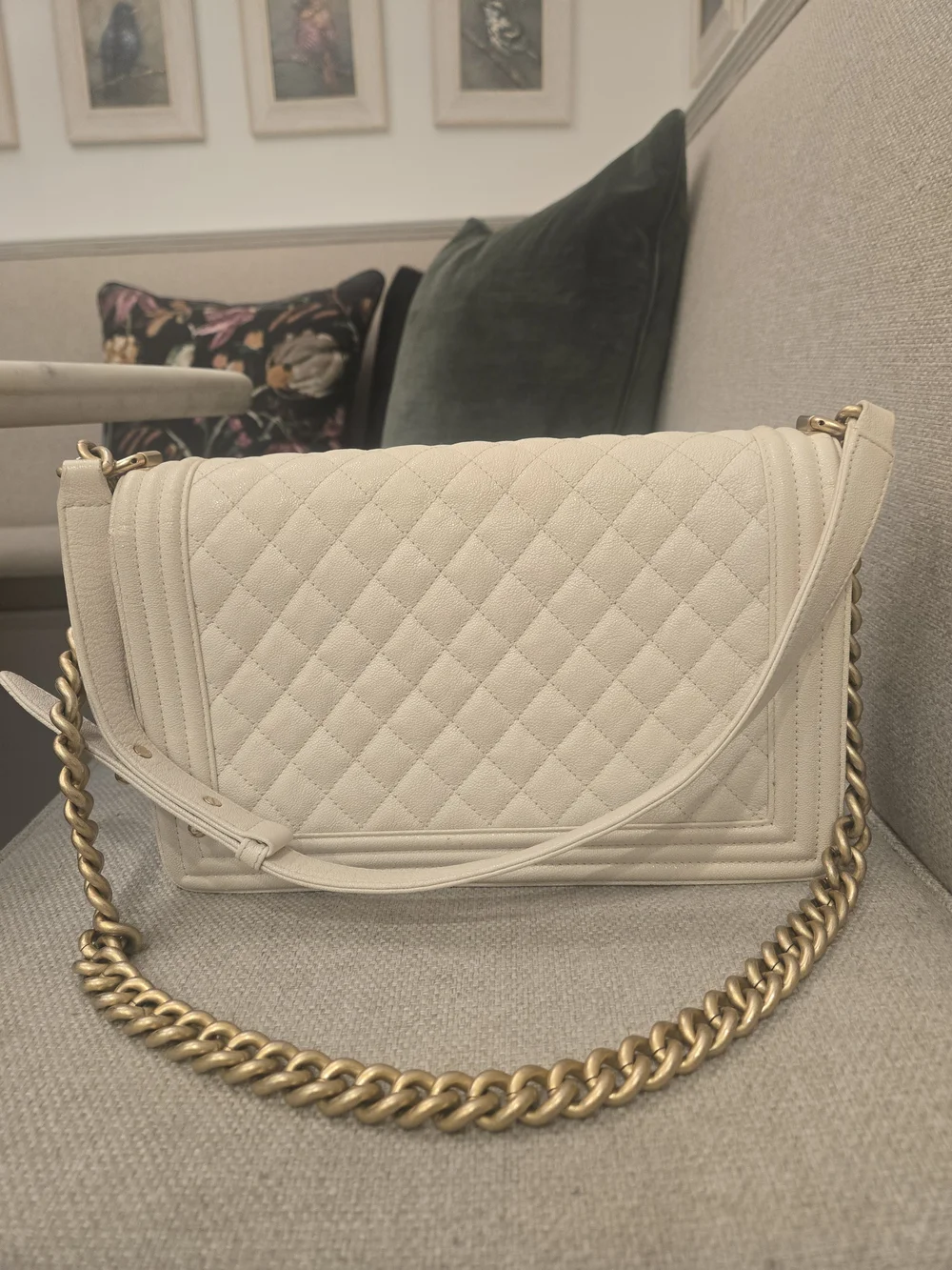 CHANEL Cream Quilted Large Boy Bag with Gold Hardware